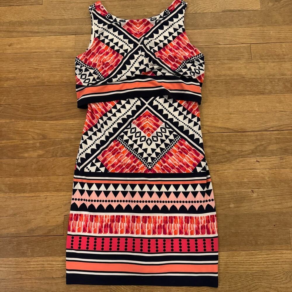 Vince Camuto orange black sleeveless geometric tiered mini dress size 2
b53